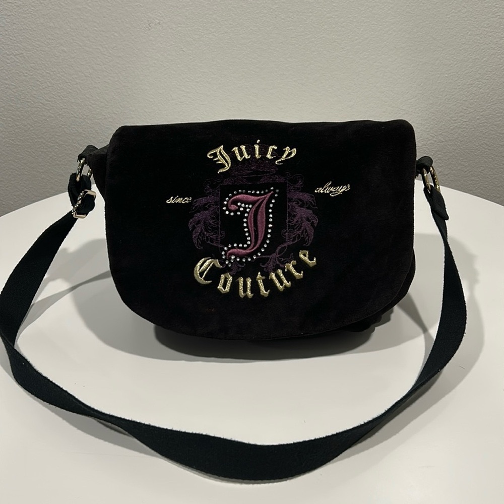 Juicy couture vintage black velour messenger shoulder crossbody bag big logo